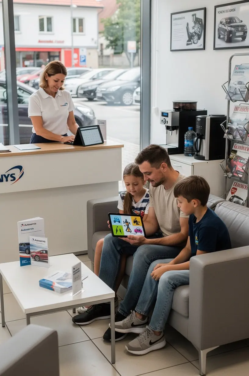 Autoservisný technik komunikuje so zákazníkom a vysvetľuje výsledky predbežnej diagnostiky.