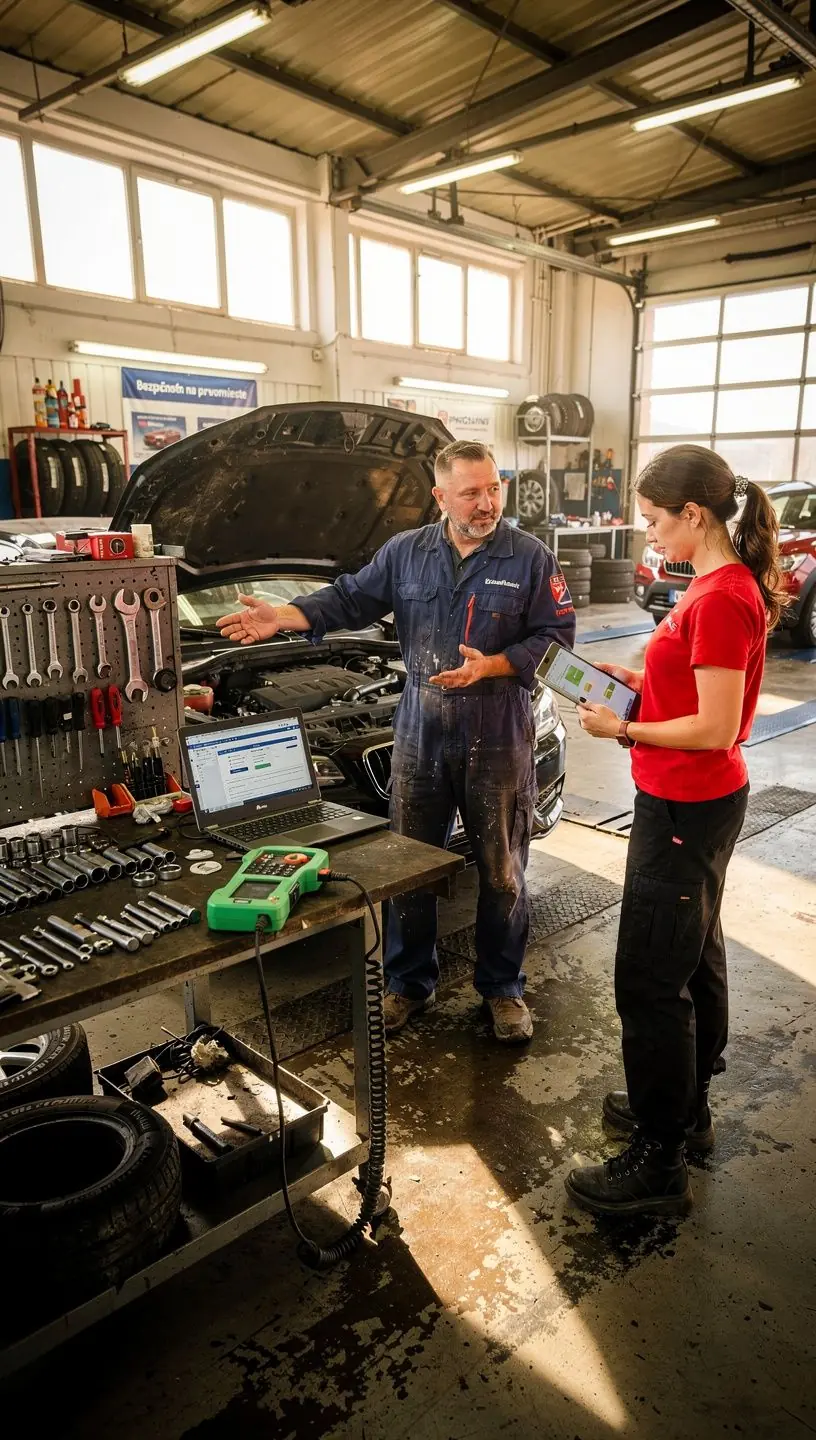 Mechanik v dielni kontroluje motor auta pomocou moderného diagnostického zariadenia.